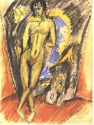 Standing female nude in frot of a tent Ernst Ludwig Kirchner